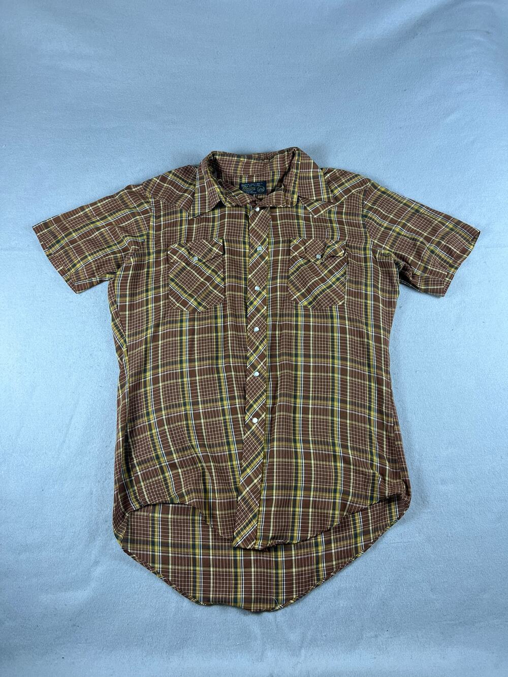 Vintage JCPenney Shirt Mens L Brown Yellow Pearl Snap Plaid Western Cowboy Retro